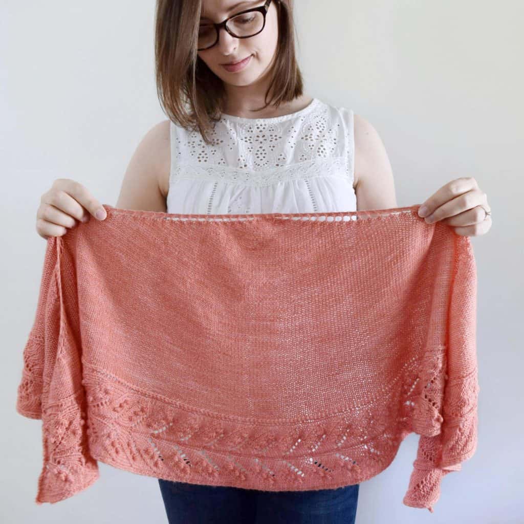 The Juniper Shawl - knitting pattern and video tutorial for a classic crescent shaped shawl with a lovely lace and nupp edging. From www.kniftyknittings.com #knitting #knittingpattern #shawlpattern