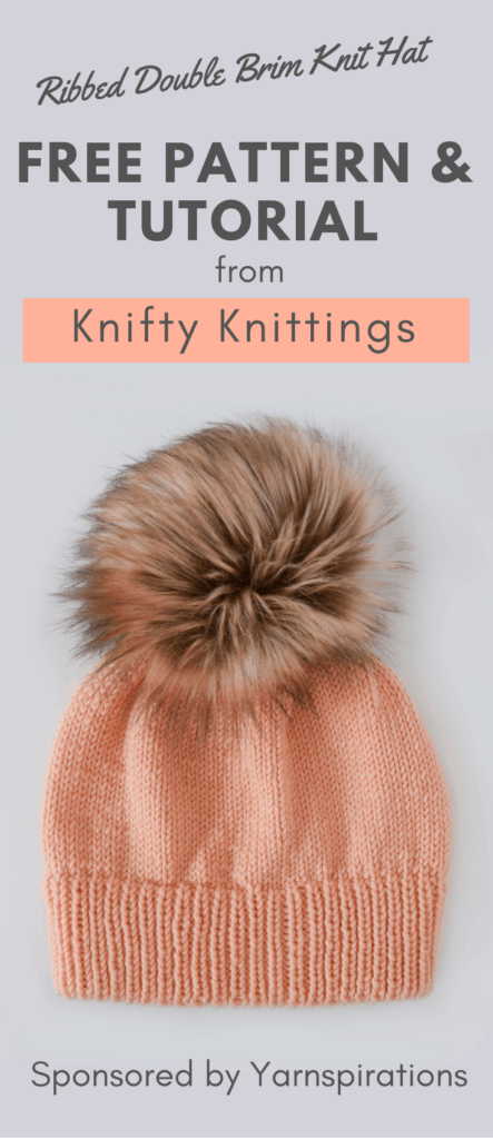com nervuras de Aba dupla malha Chapéu - Padrão Livre e tutorial de Knifty Knittings para Yarnspirations. #patrocinado #knittingpattern #freeknittingpattern #yarnspirations
