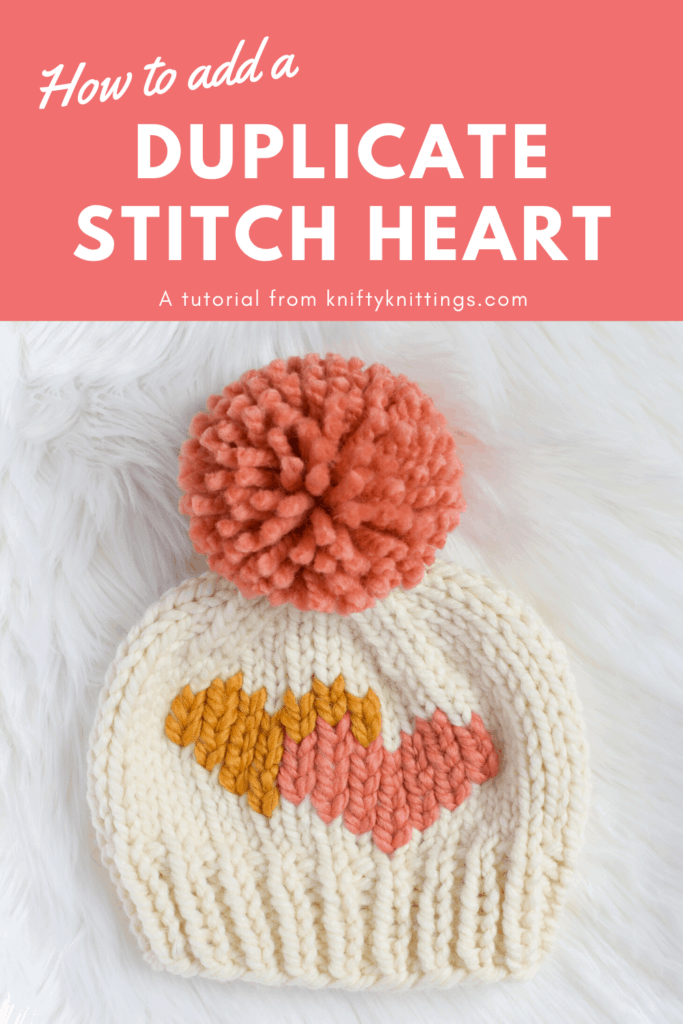 Duplicate Stitch Heart Tutorial - how to add a duplicate stitch heart to your knits! Free graph and video tutorial from www.kniftyknittings.com #knitting #knittingtutorial #valentinesknits