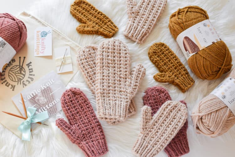 Cozy Waffle Knit Mittens in rich hues, showcasing a textured pattern and crafted with Hue and Me yarn. Ideal winter accessory for warmth and style, available in four sizes from child to adult. Perfect for chilly days and handmade comfort.